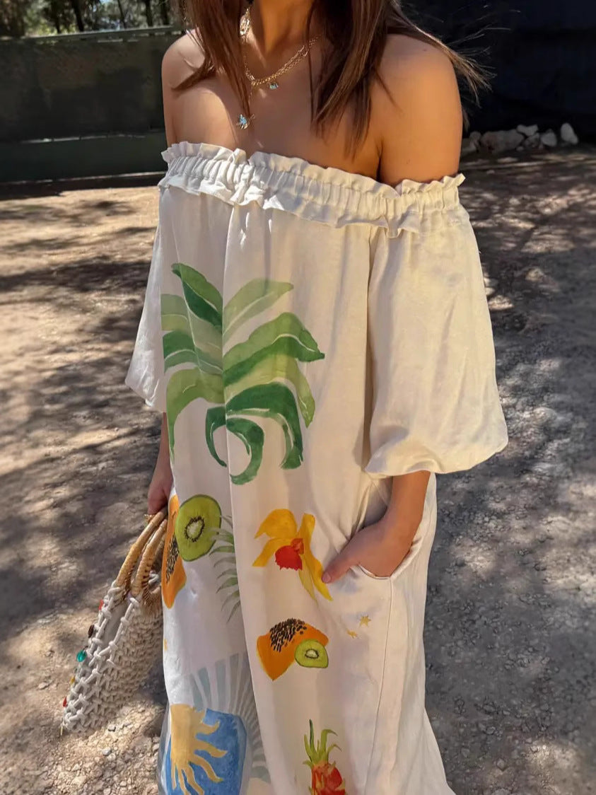 Floral Print Linen Off-Shoulder Maxi Dress