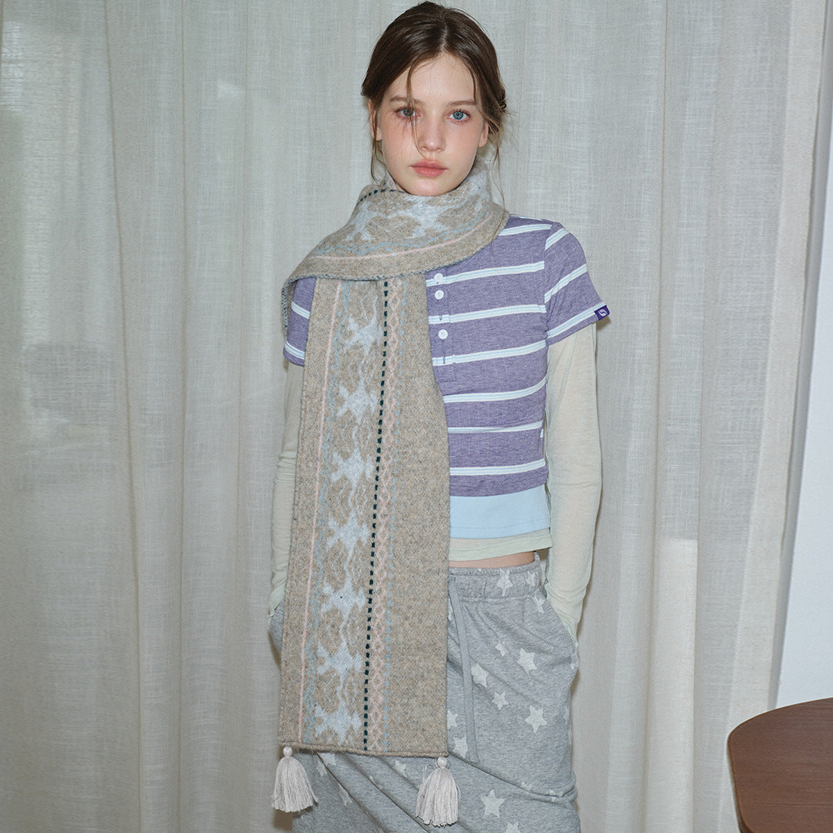 Wool Blend Fair Isle Scarf Unisex Soft Knit Winter Wrap