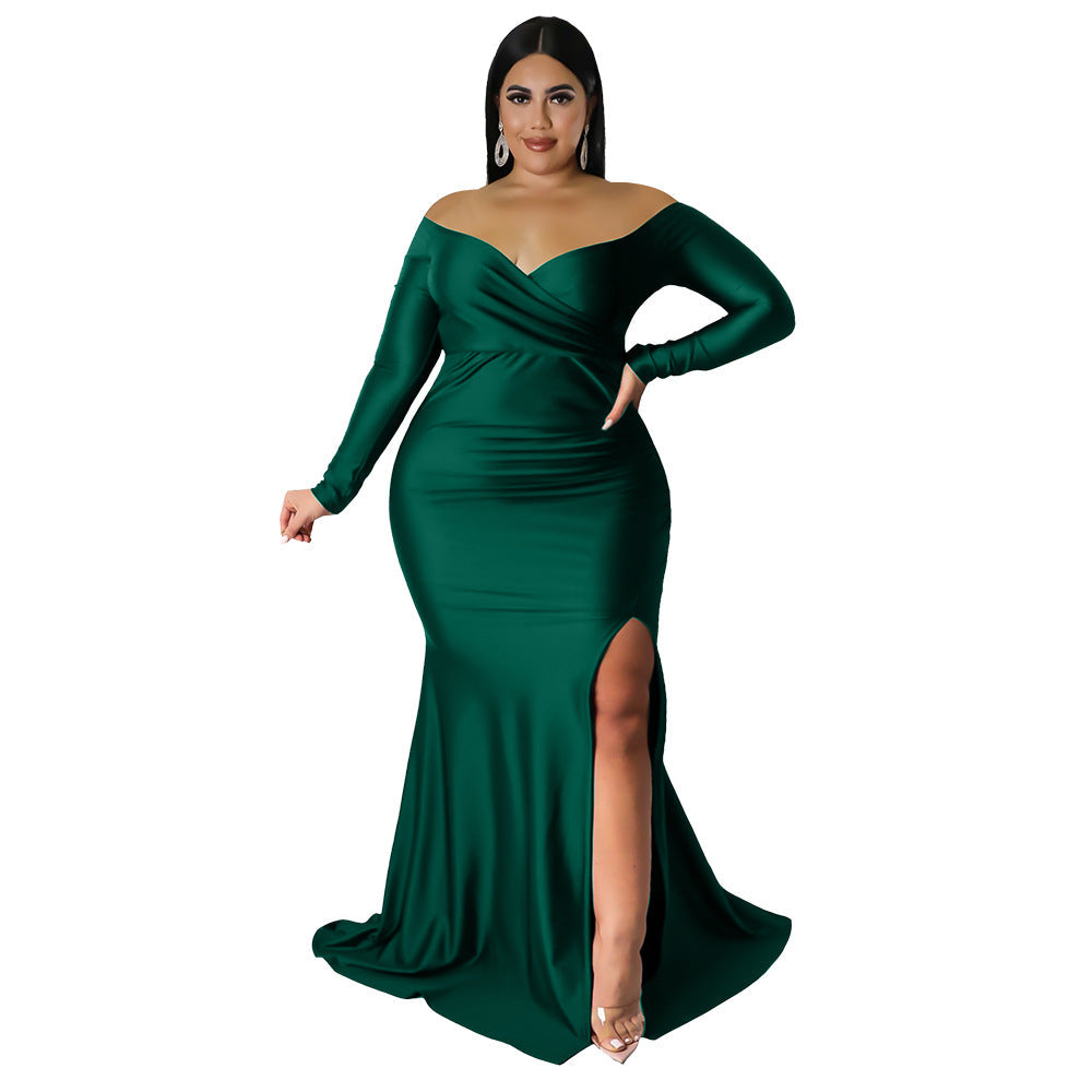 V-Neck Long Dress Elegant Solid Color Evening Dress