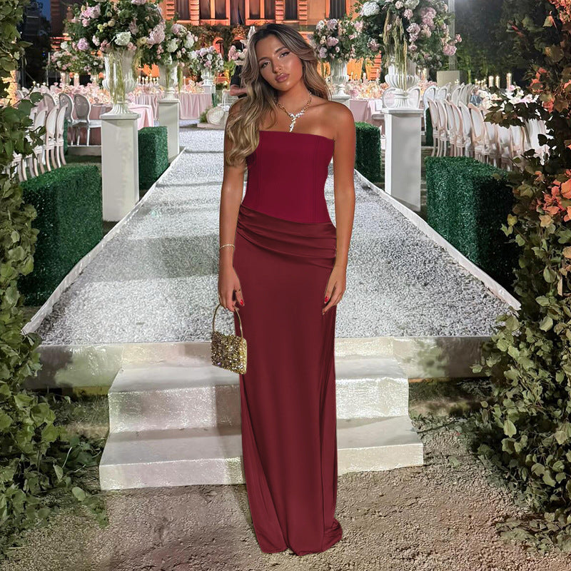 Burgundy Bodycon Dress with Backless Design and Satin Details