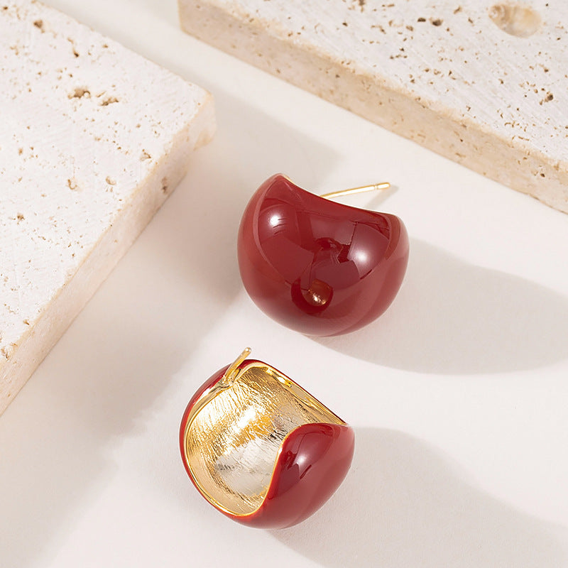 Geometry Design Cherry Red Enamel Stud Earrings - 925 Silver