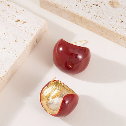 Geometry Design Cherry Red Enamel Stud Earrings - 925 Silver