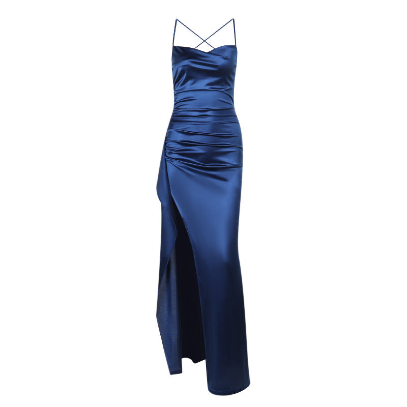 Satin Maxi Dress With Split and Floral Design