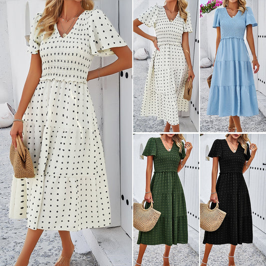 Polka Dot V-Neck Short Sleeve Dress Casual Elegant Polyester Dress