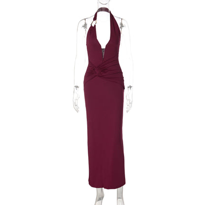 Sleek V-Neck Bodycon Maxi Dress with Ruching
