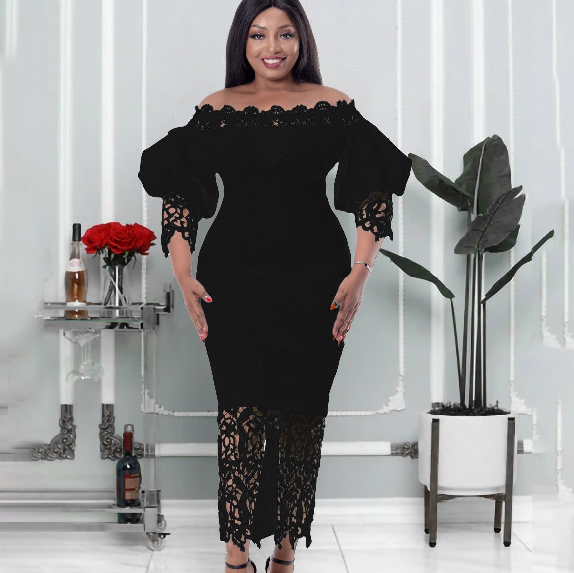 Off-The-Shoulder Lace Detail Pencil Dress With Lantern Sleeves