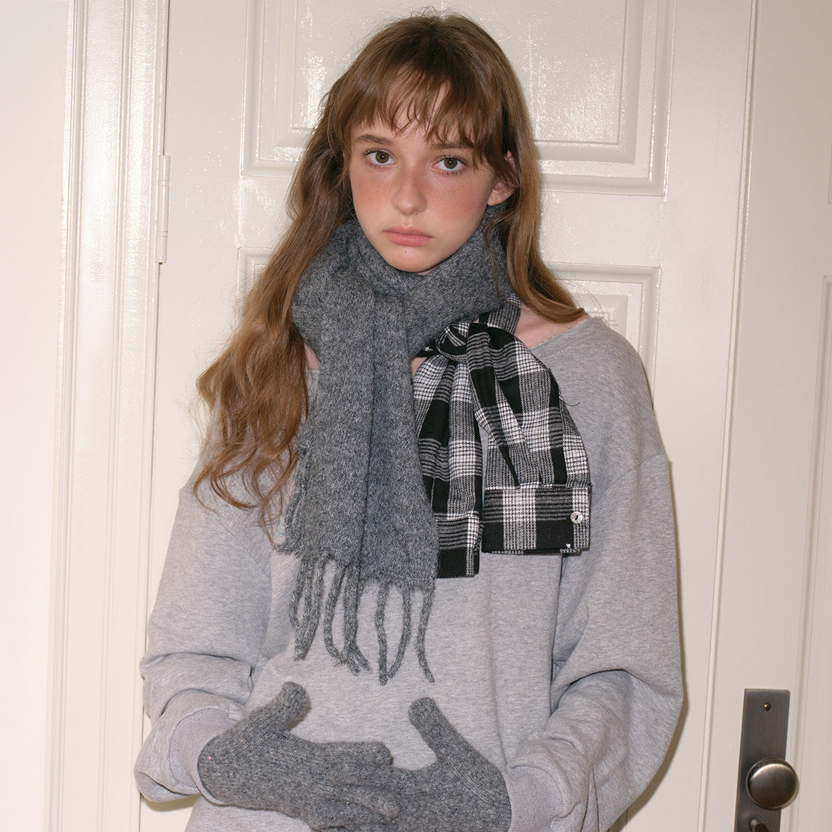 Geometric Pattern Knit Scarf Women's Wool Blend Winter Wrap