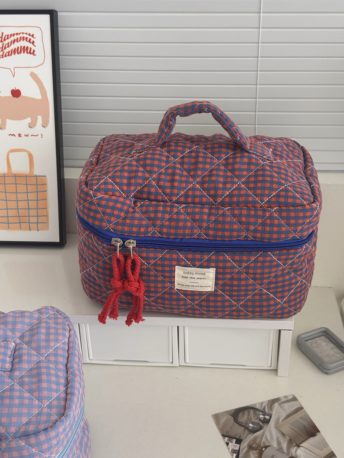 Color Block Plaid Makeup Bag Stylish Quilted Storage Organizer