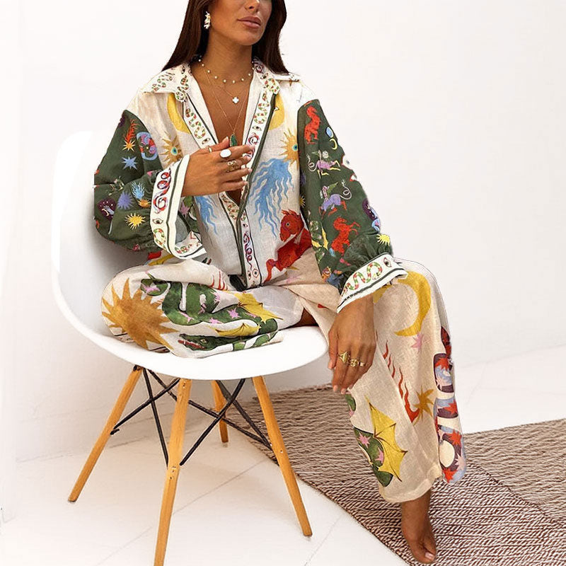 Chic Floral Print Loose-Fit Shirt and Wide-Leg Pants Set