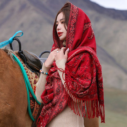 Red National Style Scarf Autumn And Winter Shawl