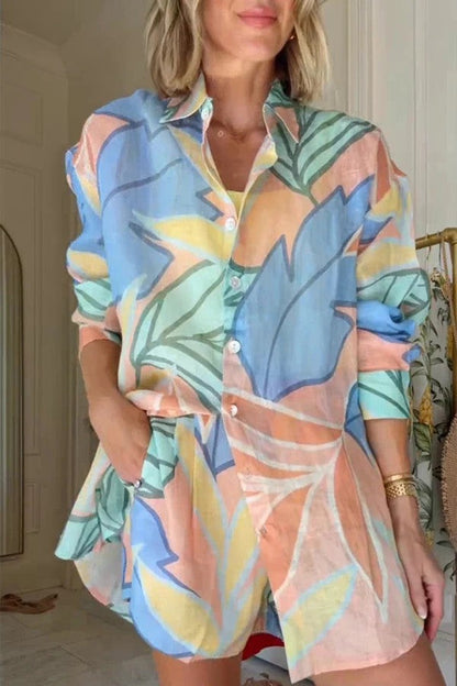 Elegant Loose Linen Shirt Set with Long Sleeves