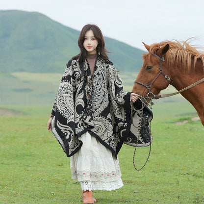 Tibetan Great Retro Totem Red Warm Outer Shawl Women'S Scarf Autumn And Winter Cloak Big Cloak