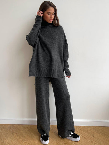 Trendy Casual Knitted Sweater Set with Long Pants