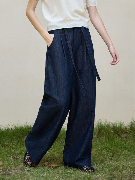 High-Waisted Casual Straight Pants with Tie Detail
