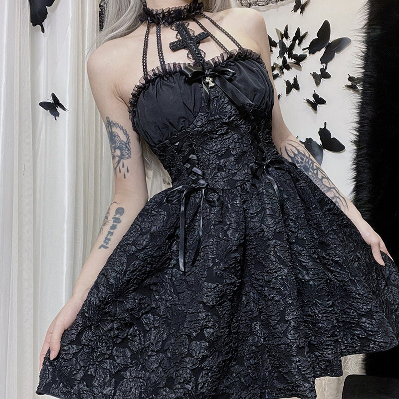 Black Ruffle Neck Halter Dress Stylish Summer Dress