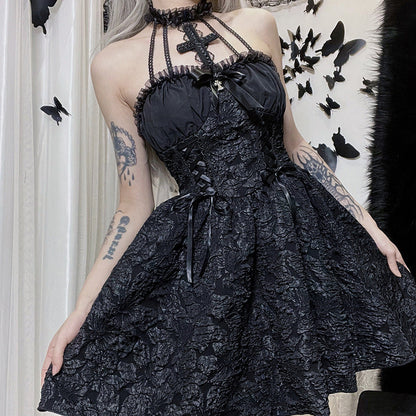 Black Ruffle Neck Halter Dress Stylish Summer Dress