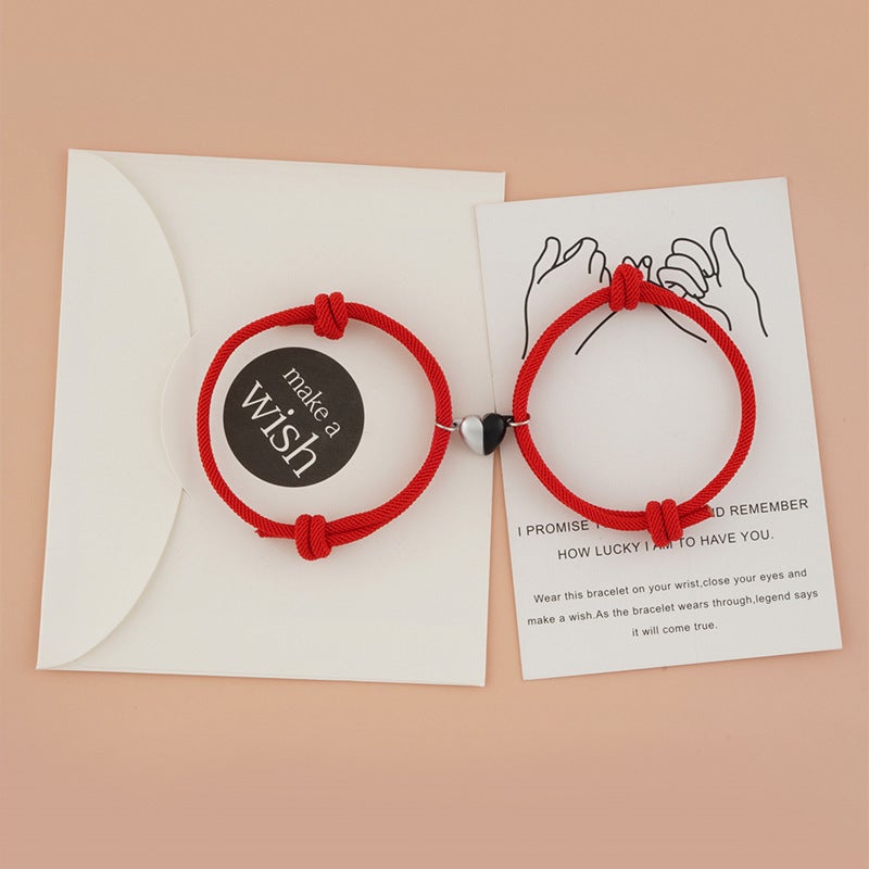 Fashionable Black And White Heart-Shaped Magnetic Buckle Milan Rope Braided Couples Girlfriends Bracelet Adjustable Bracelet