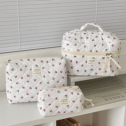 Bow Flower Large Capacity Makeup Bag Vintage Quilted Toiletry Pouch