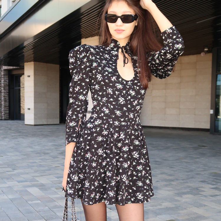 Floral Print Short Dress High Waist A-Line Dress