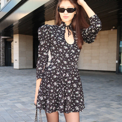 Floral Print Short Dress High Waist A-Line Dress