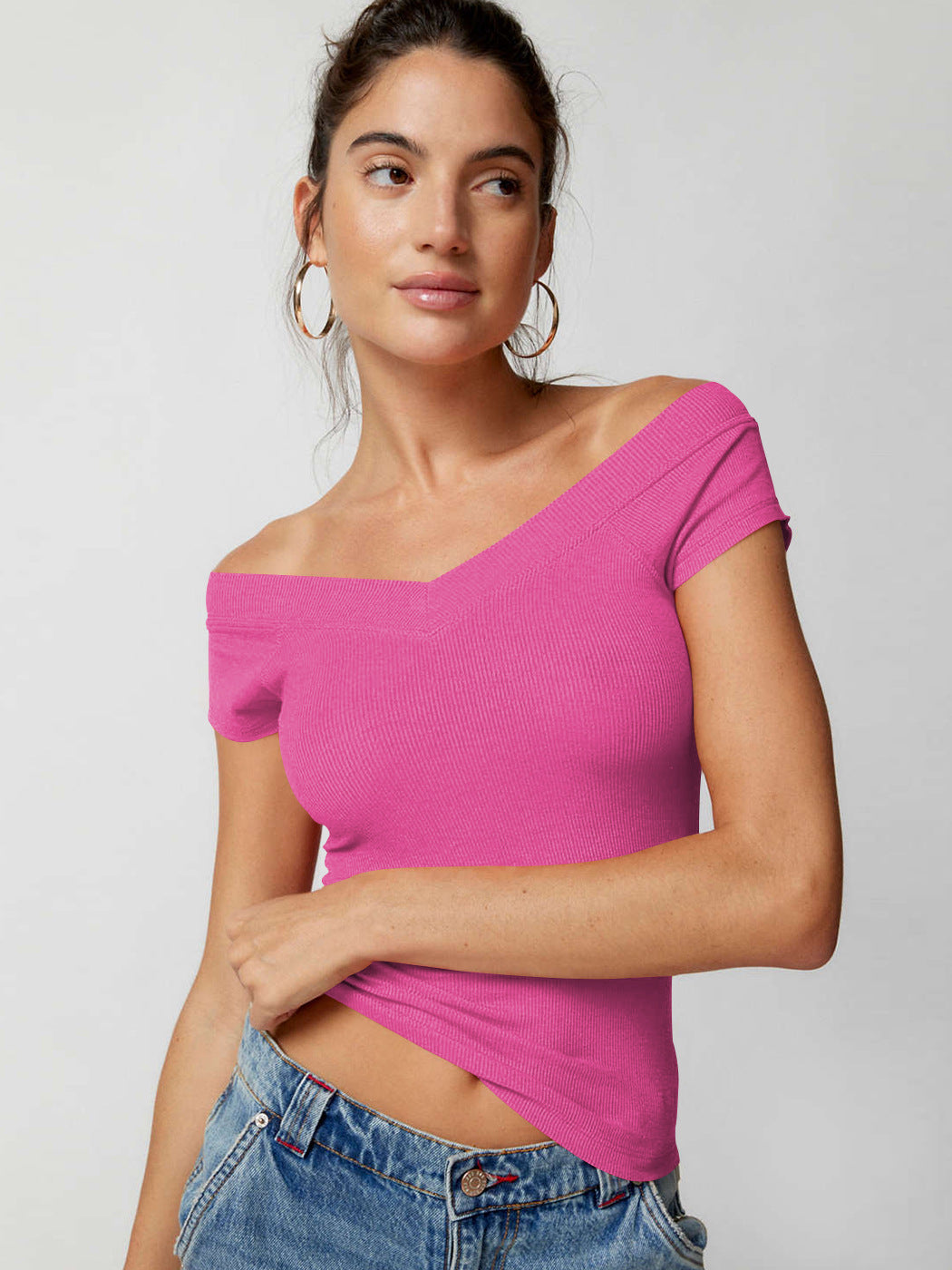 Y2K Solid Color V-Neck Knit T-Shirt for Women