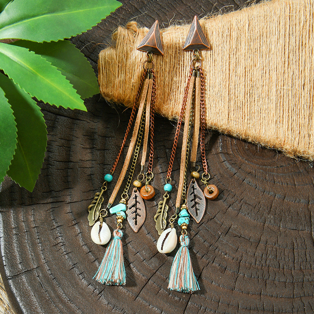 Trendy Long Tassel Earrings with Shell and Leaf Design