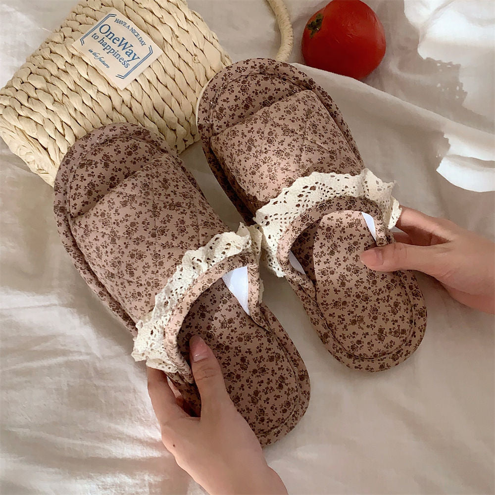 Vintage Floral Print Lace Trim Slippers