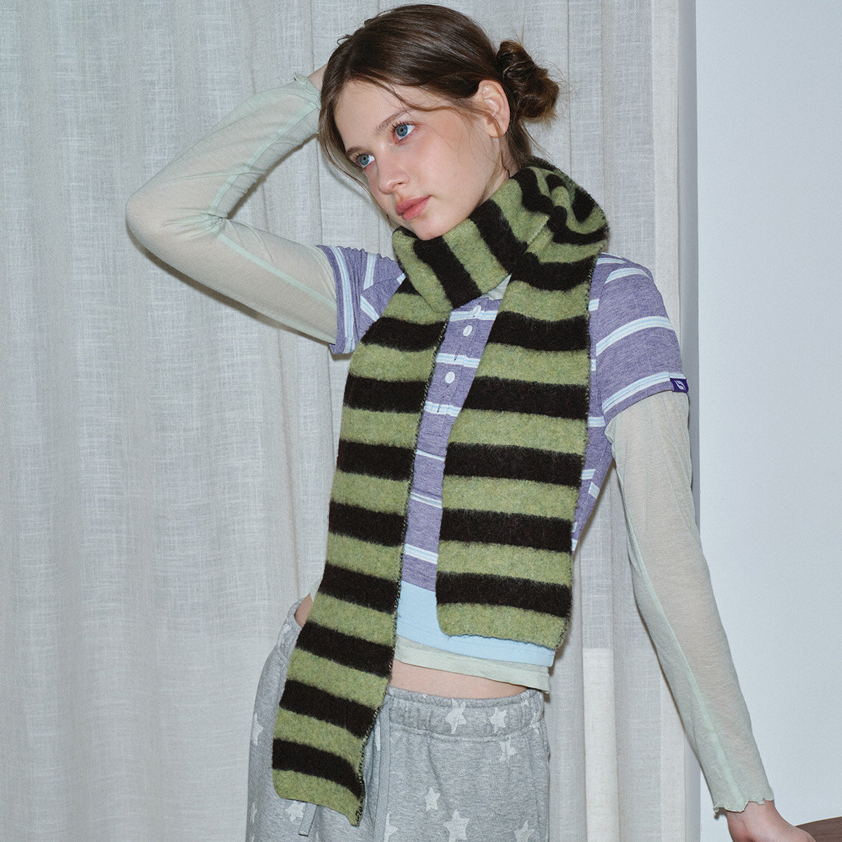 Striped Knitted Wool Blend Scarf For Women - Soft Color Block Winter Accessory