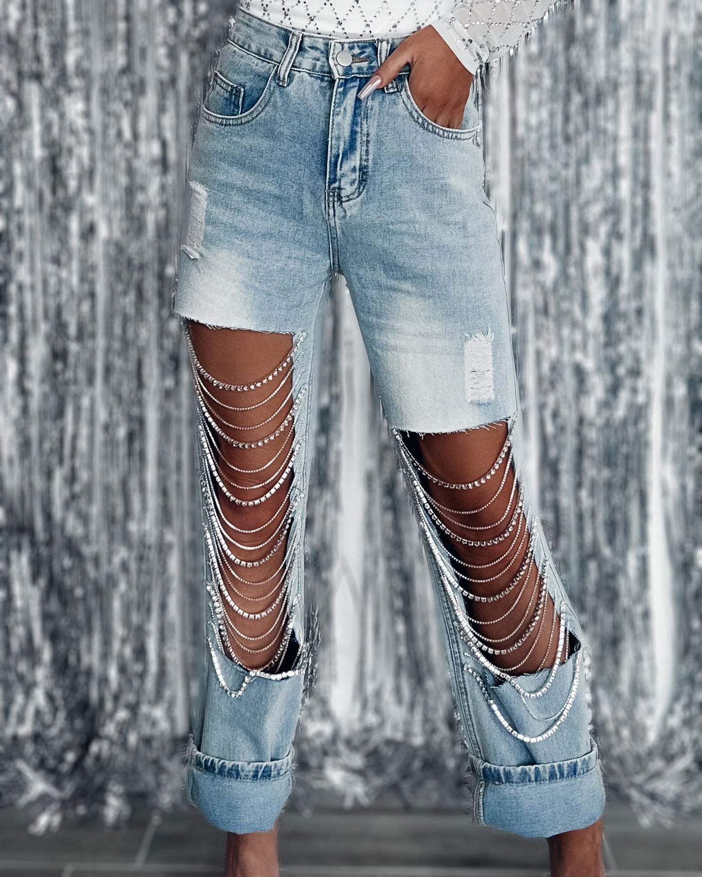 Distressed Denim Jeans with Chain Detail for Women