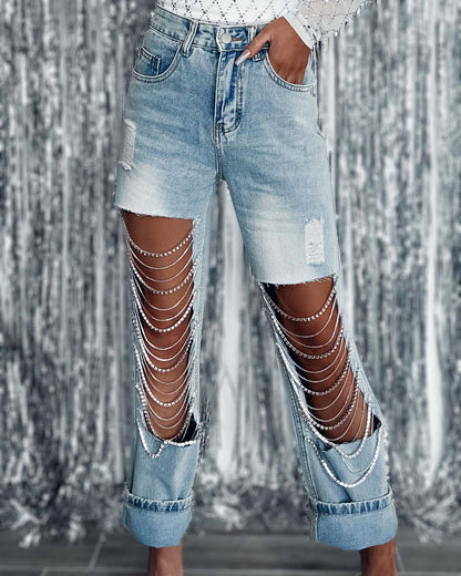 Distressed Denim Jeans with Chain Detail for Women