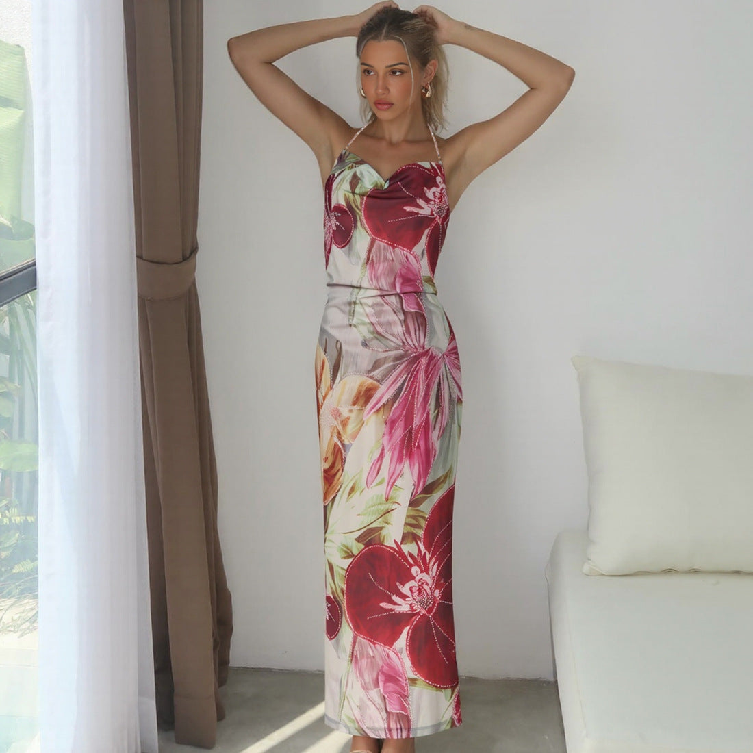 Sexy Backless Tie-Up Maxi Dress With Floral Print