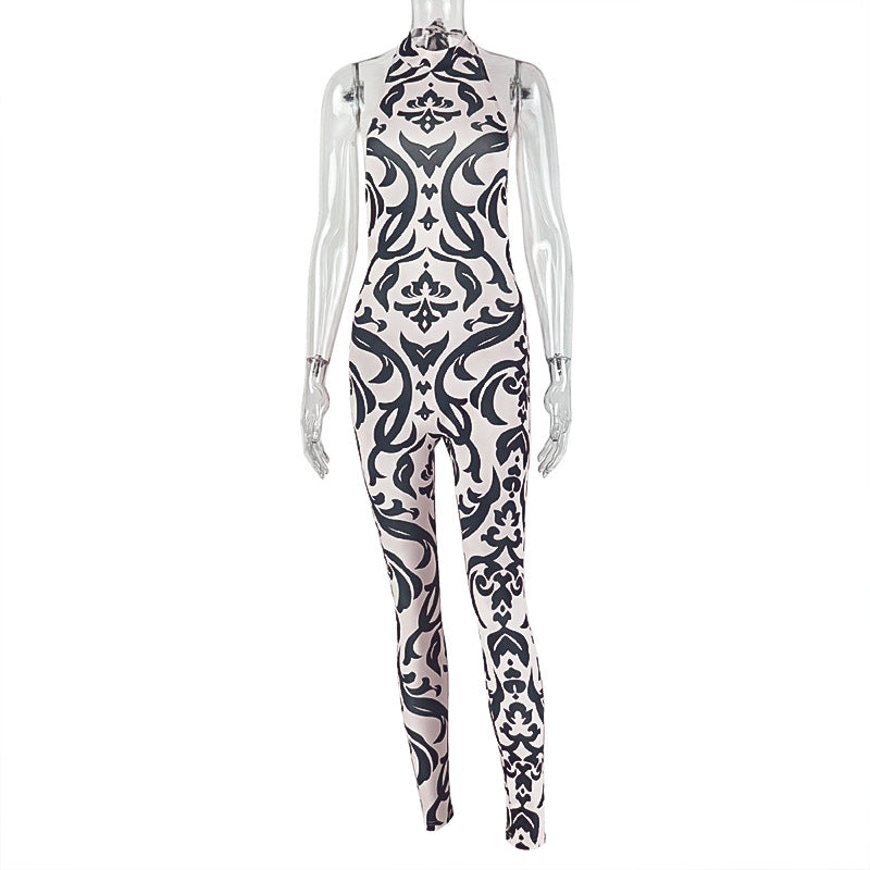 Stripe Print Halter Neck Jumpsuit With Open Back