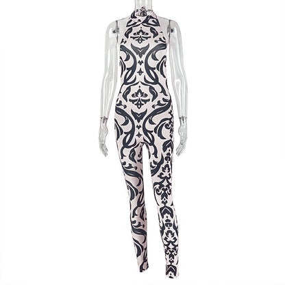 Stripe Print Halter Neck Jumpsuit With Open Back