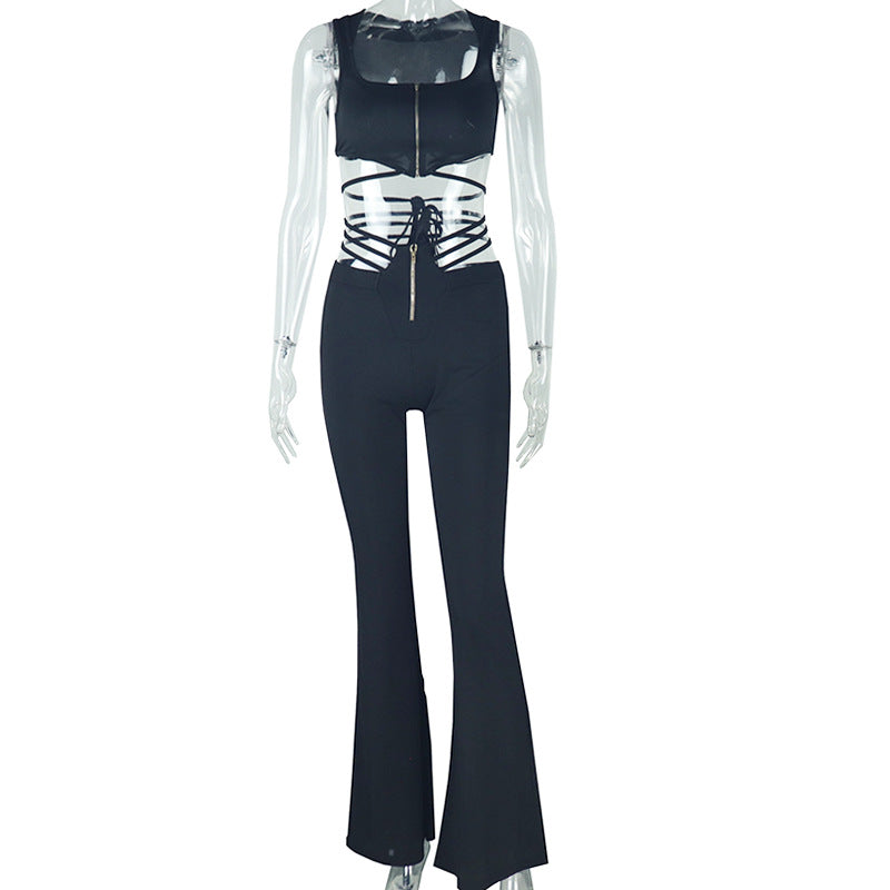 Sexy Black Sleeveless Top And High-Waisted Leggings Set