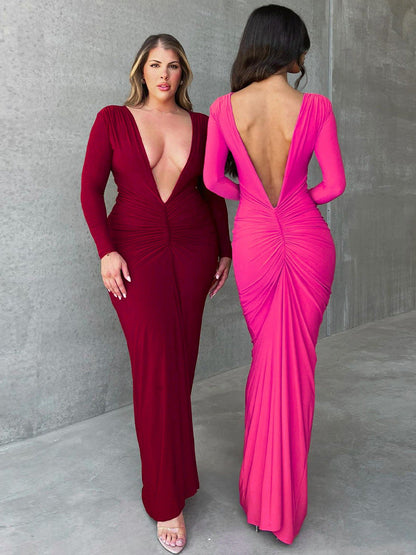 Sexy V-Neck Long Sleeve Ruched Dress Elegant Casual