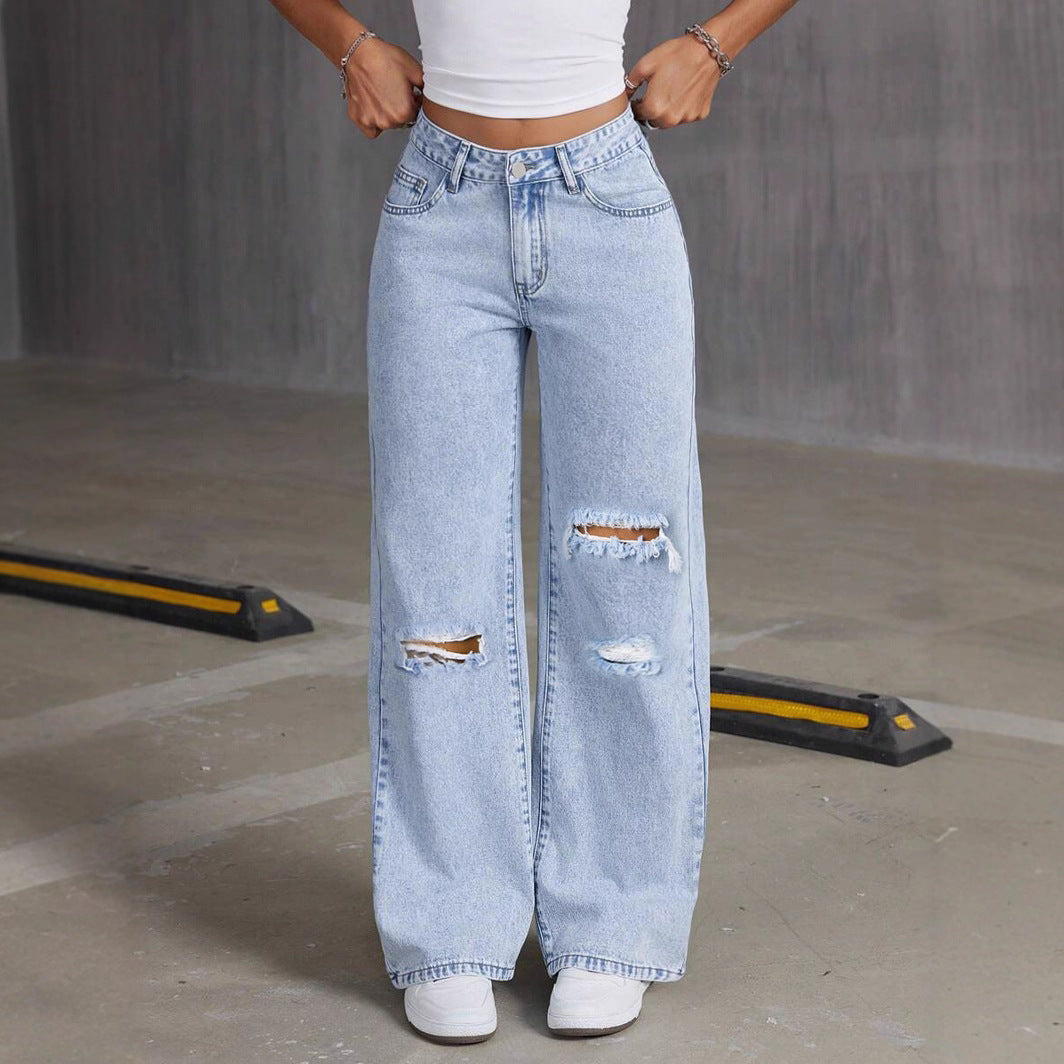 Distressed Ripped Wide Leg Baggy Denim Pants