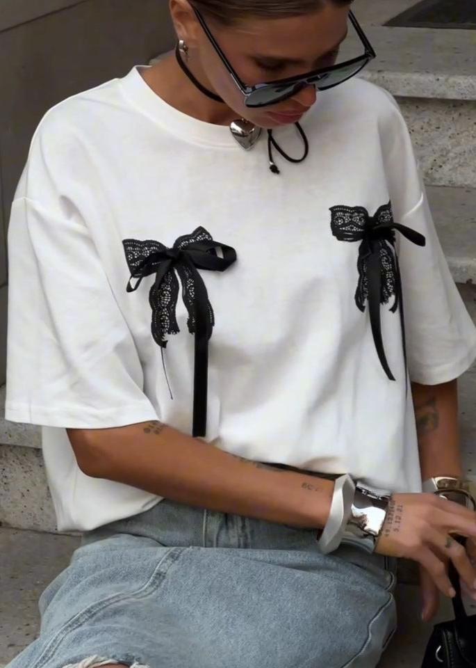 Oversized Cotton T Shirt With Lace Bow Details