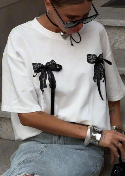 Oversized Cotton T Shirt With Lace Bow Details