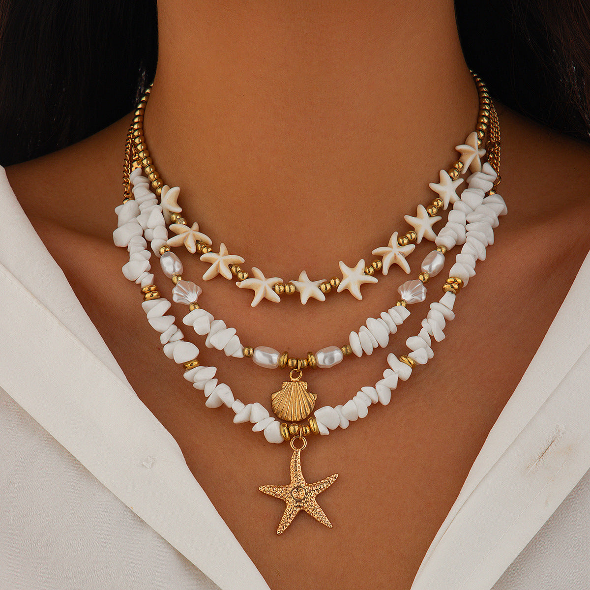 Beach Starfish Bead Necklace Vintage Pearl-Like Pendant
