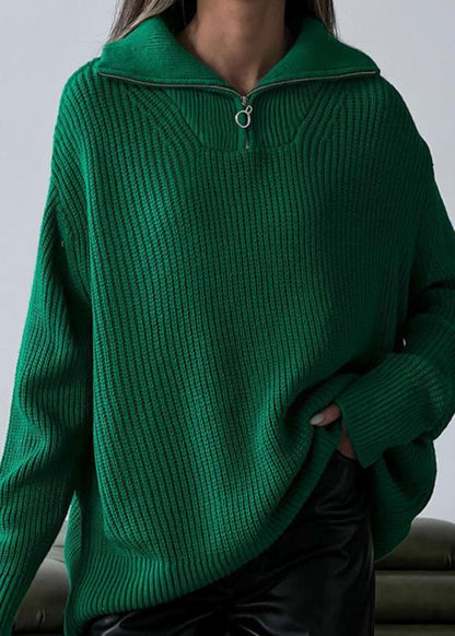 Ribbed Acrylic Half Zip Pullover With Wide Collar