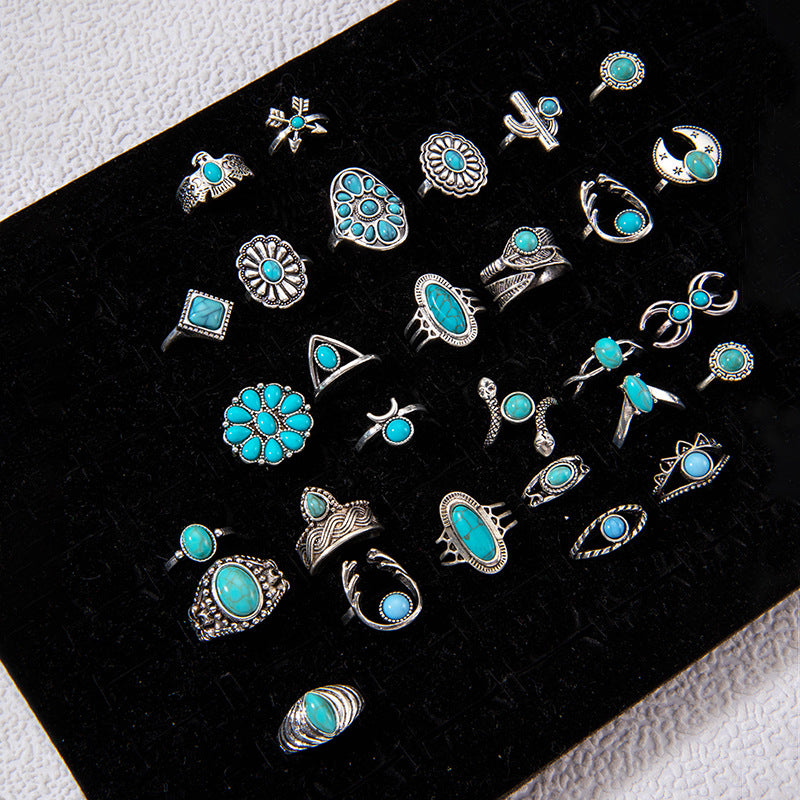 Vintage Geometric Turquoise Ring Set Alloy Fashion Jewelry