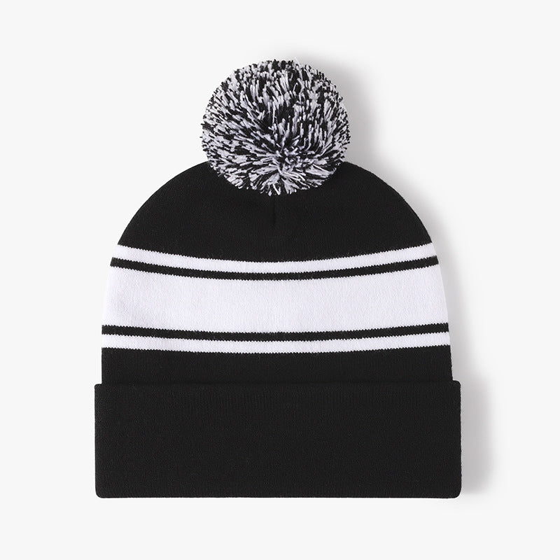 Stripe Contrast Color Stretch Pom Beanie