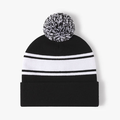 Stripe Contrast Color Stretch Pom Beanie