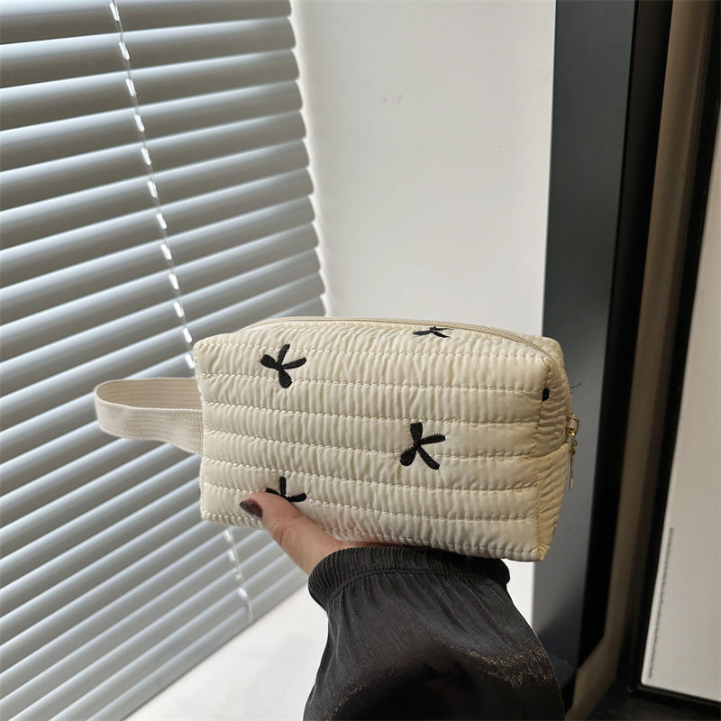 Cute Bow Embroidery Portable Puffer Cosmetic Bag