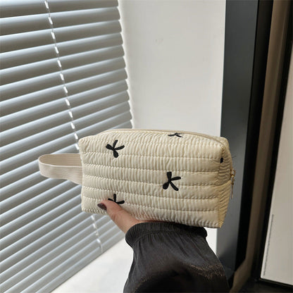 Cute Bow Embroidery Portable Puffer Cosmetic Bag