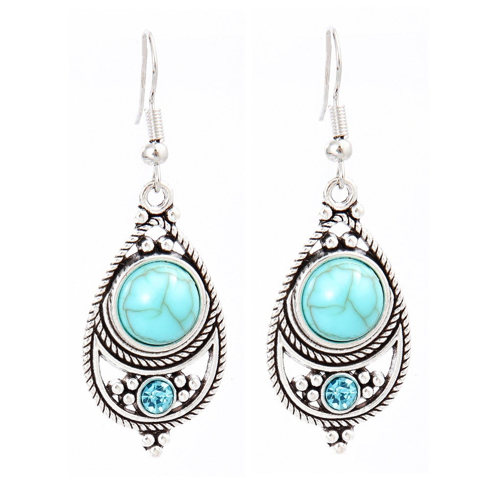 Simple Tribal Flower Teardrop Circle Turquoise Earring Set