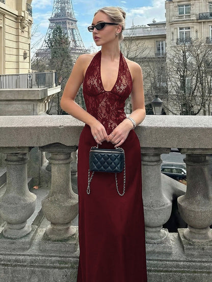 Backless Lace-Trimmed Deep V Neck Dress