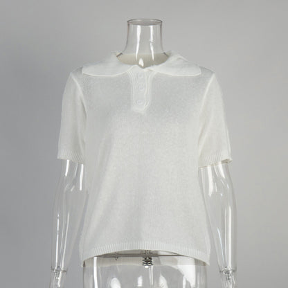 Knitted Polo Short Sleeve Sweater With Puff Sleeves