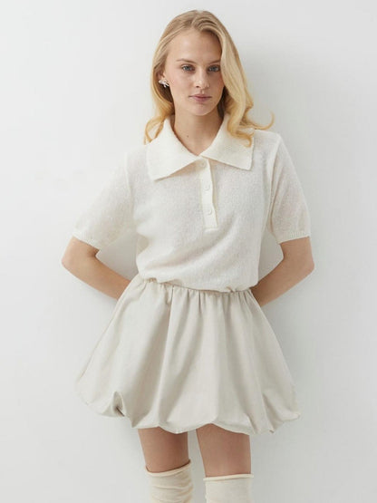 Knitted Polo Short Sleeve Sweater With Puff Sleeves