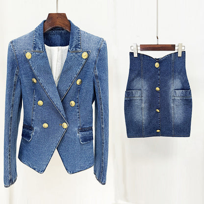 Slim Fit Double-Breasted Denim Blazer